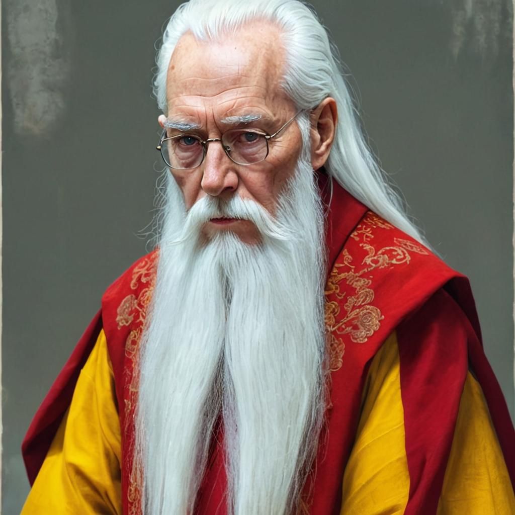 Elderly Man in Scarlet Robes Stands in Temple Hall