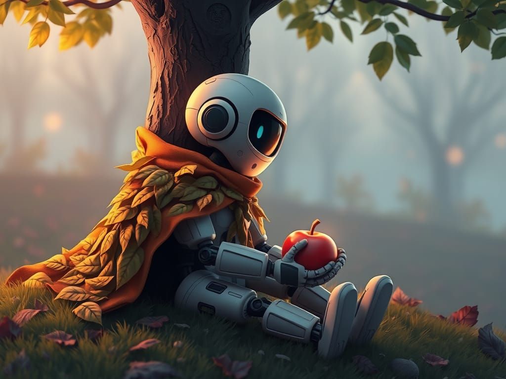 Cartoon Robot with Leaf Cloak and Apple