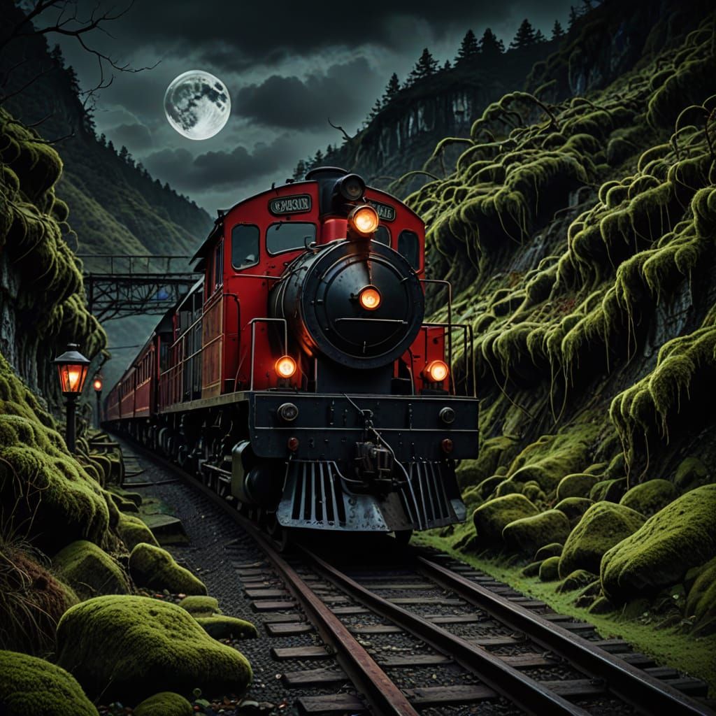 Vintage Train Under Moonlit Mountain