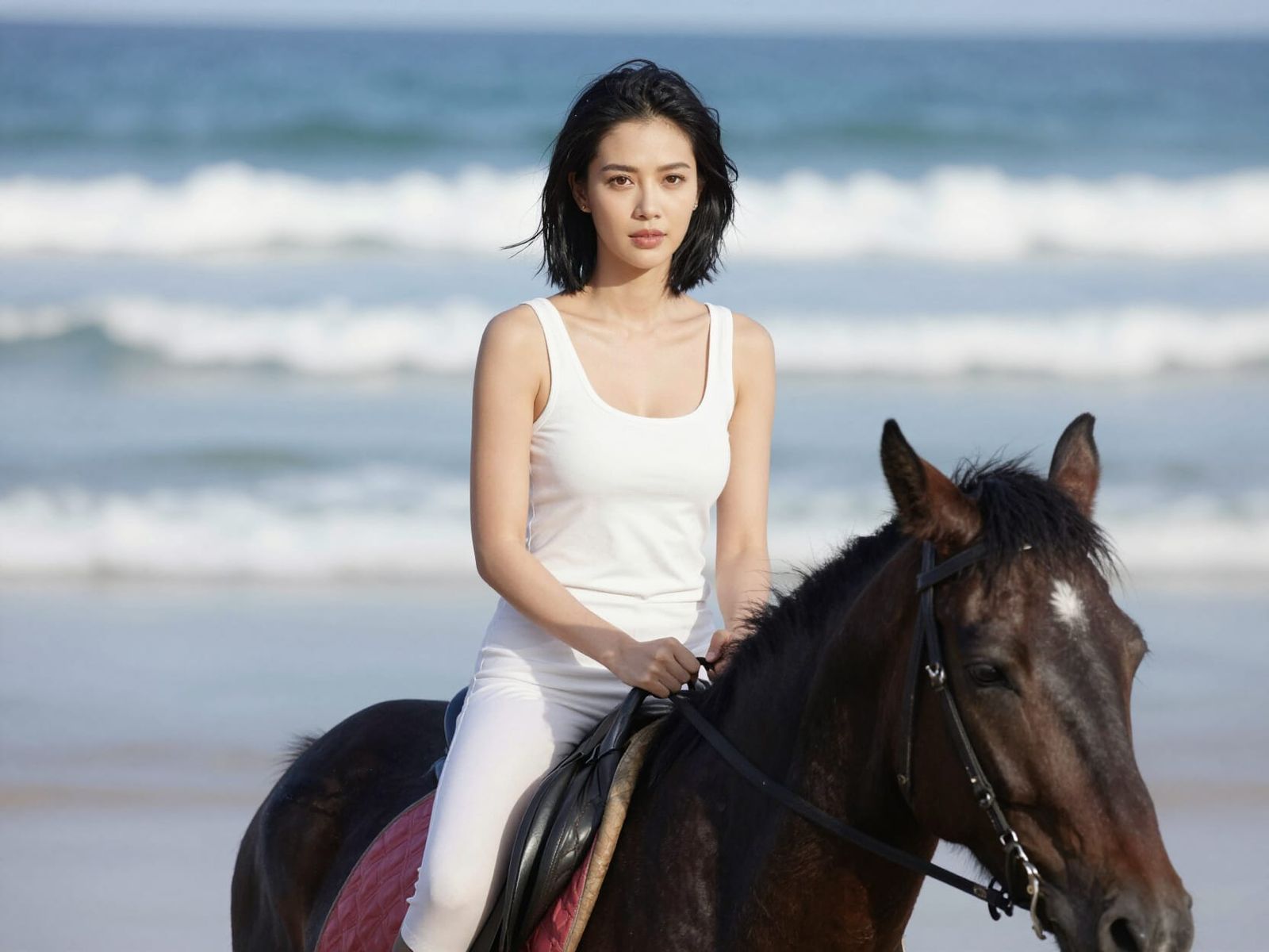Woman Rides Black Horse on Thai Beach