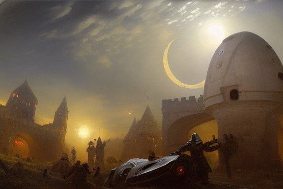 Alien Spaceship Crash in Medieval Castle, Detailed Sci-Fi Ar...