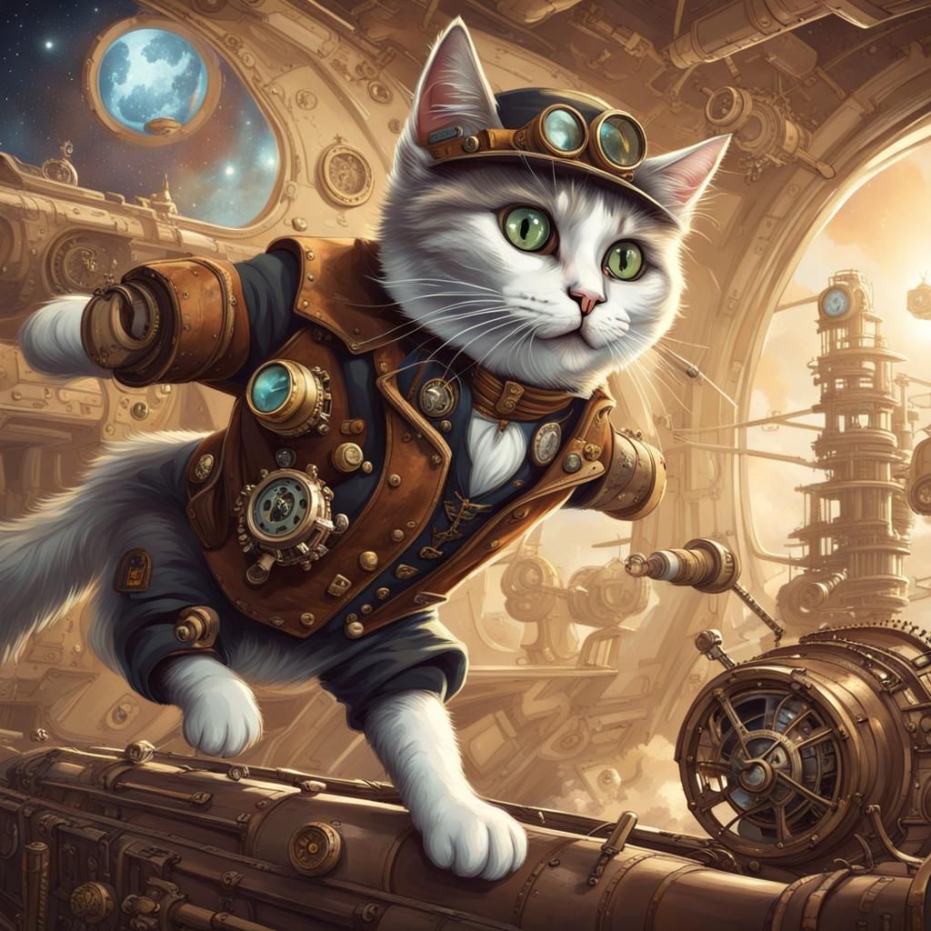 Steampunk Cat Engineers Jumping in Space