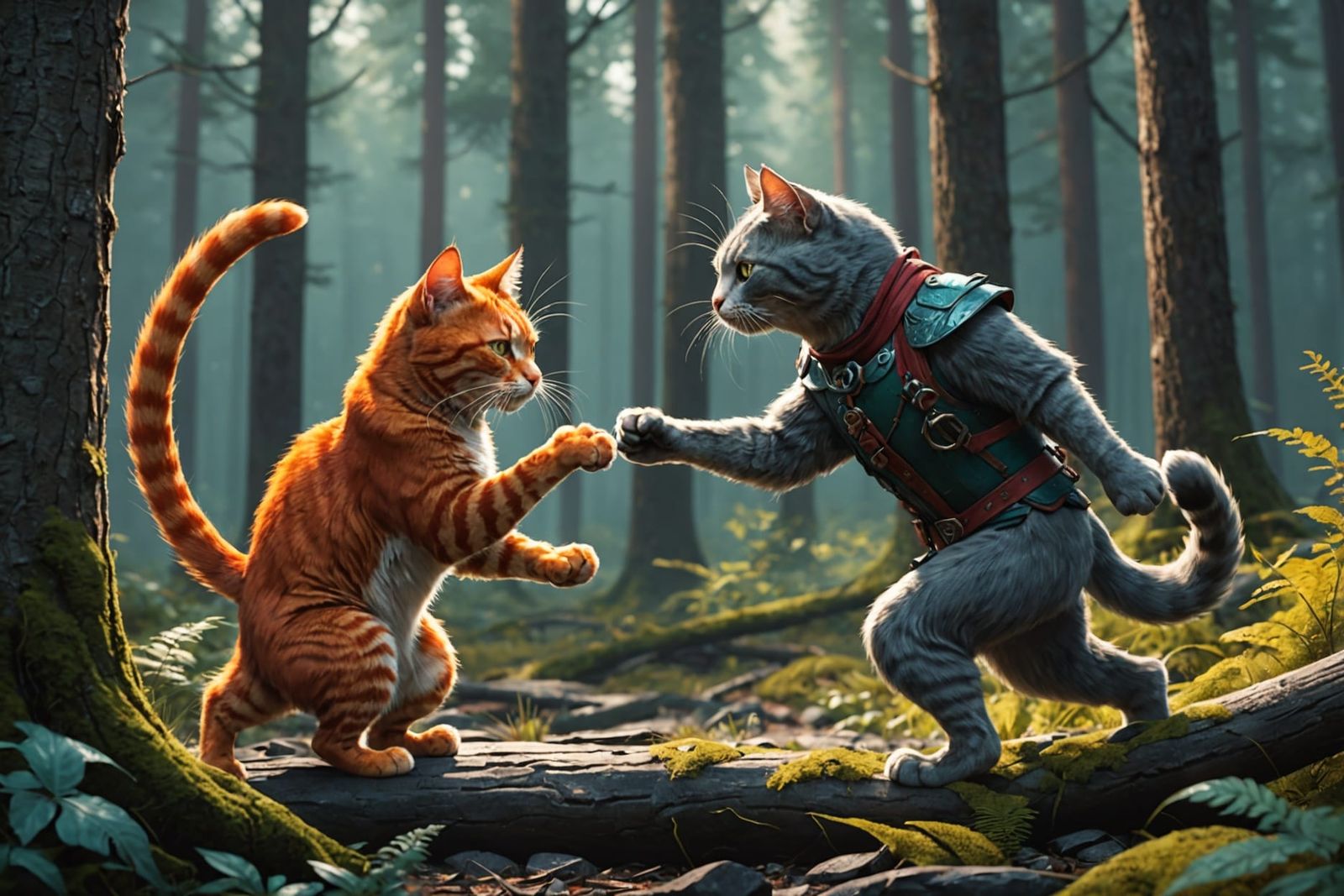 Cats Fighting in Forest, Dynamic Lighting, Splash Art