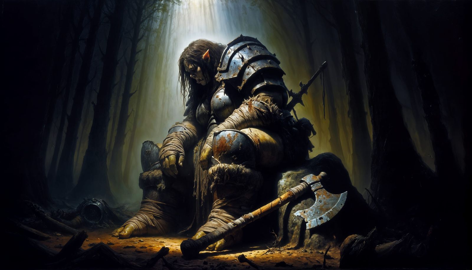 Strong Female Orc in Dark Forest, Tenebrism Oil Painting