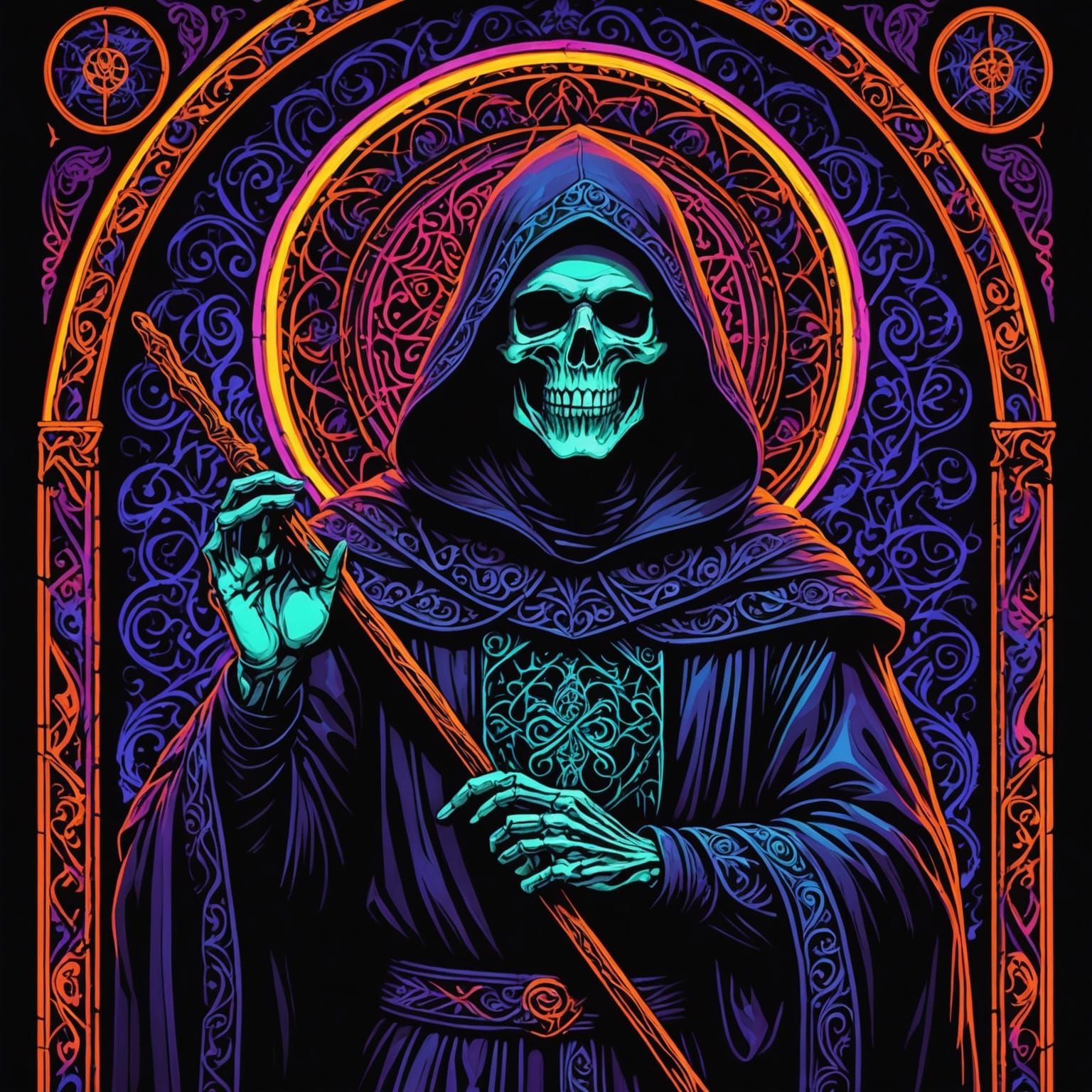 Grim Reaper Portrait in Blacklight Neon Colors