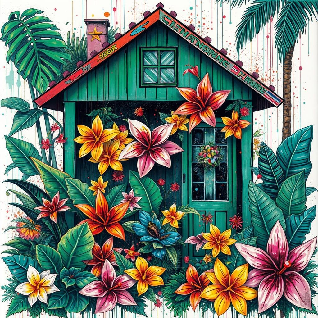 Vibrant Tropical Oasis as Graffiti Art