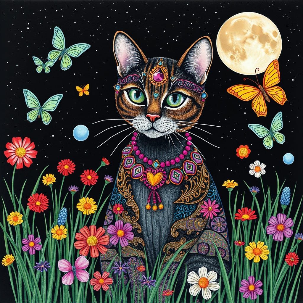 Whimsical Tabby Cat in Enchanted Field