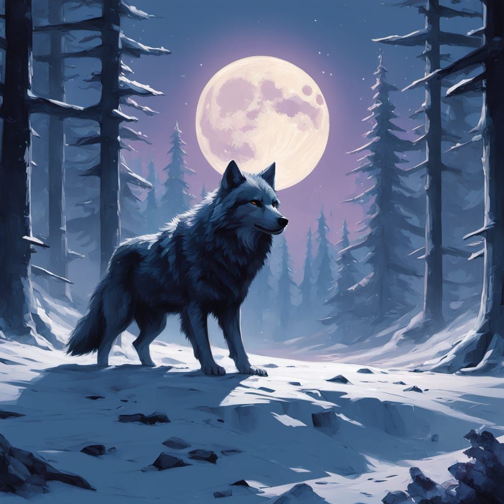 Wolf Howling at Moon in Snowy Forest