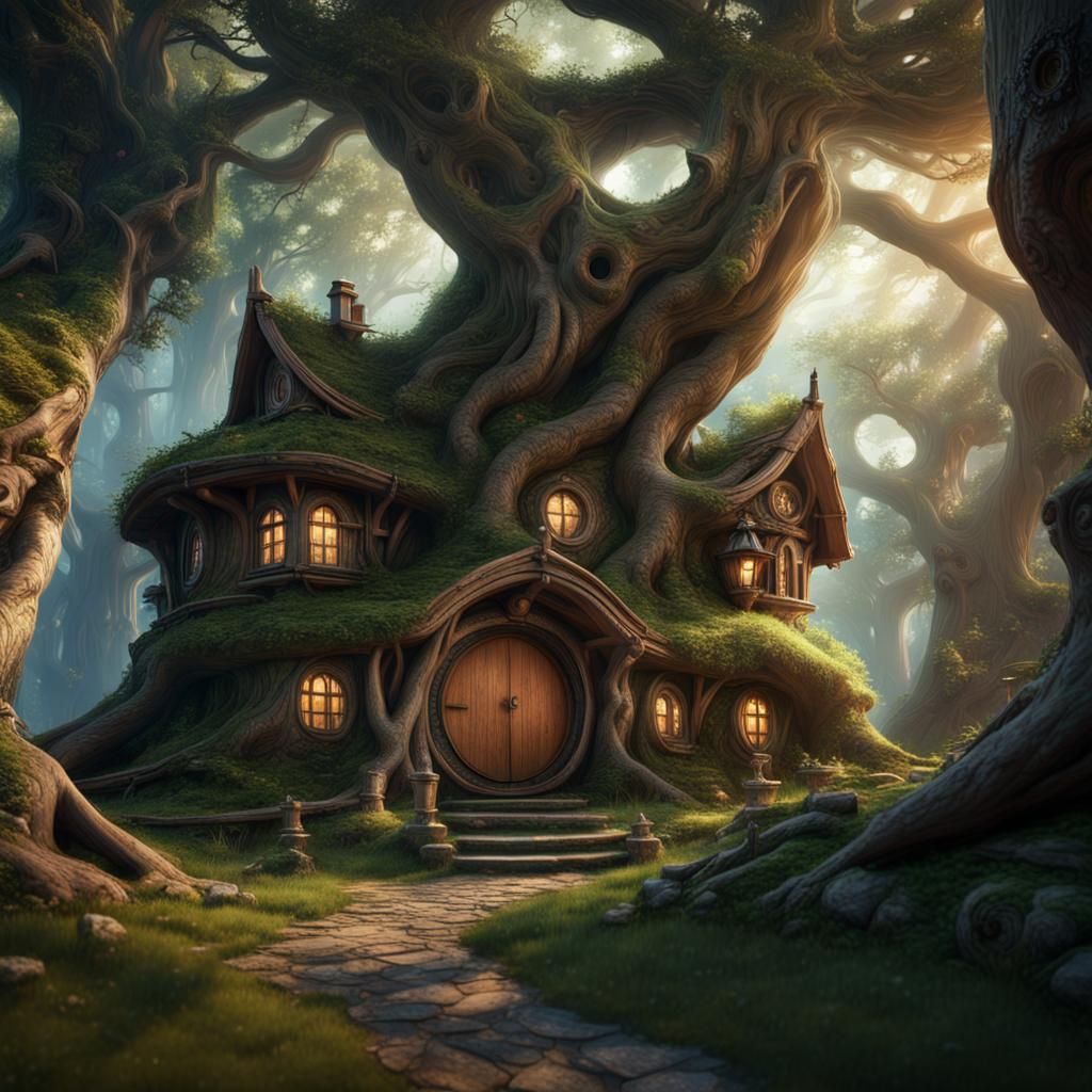 Magical Hobbit House in Ancient Tree, Fantasy Art