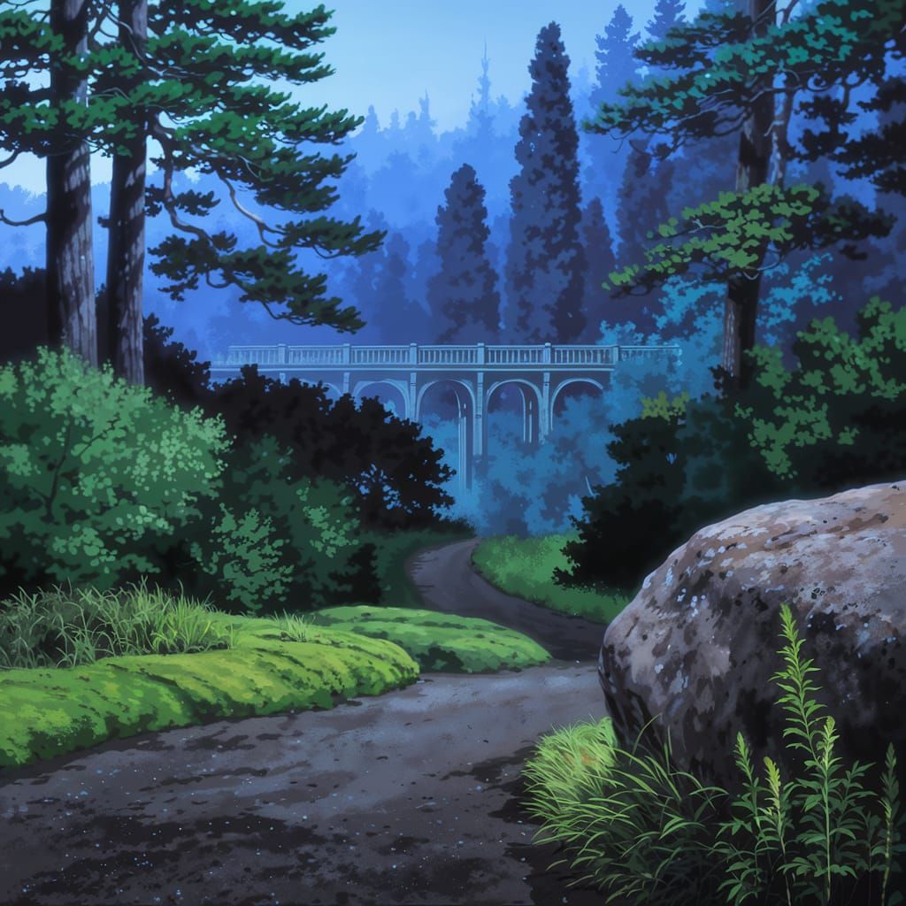 Lush Forest Path to Ornate Bridge in Matte Painting