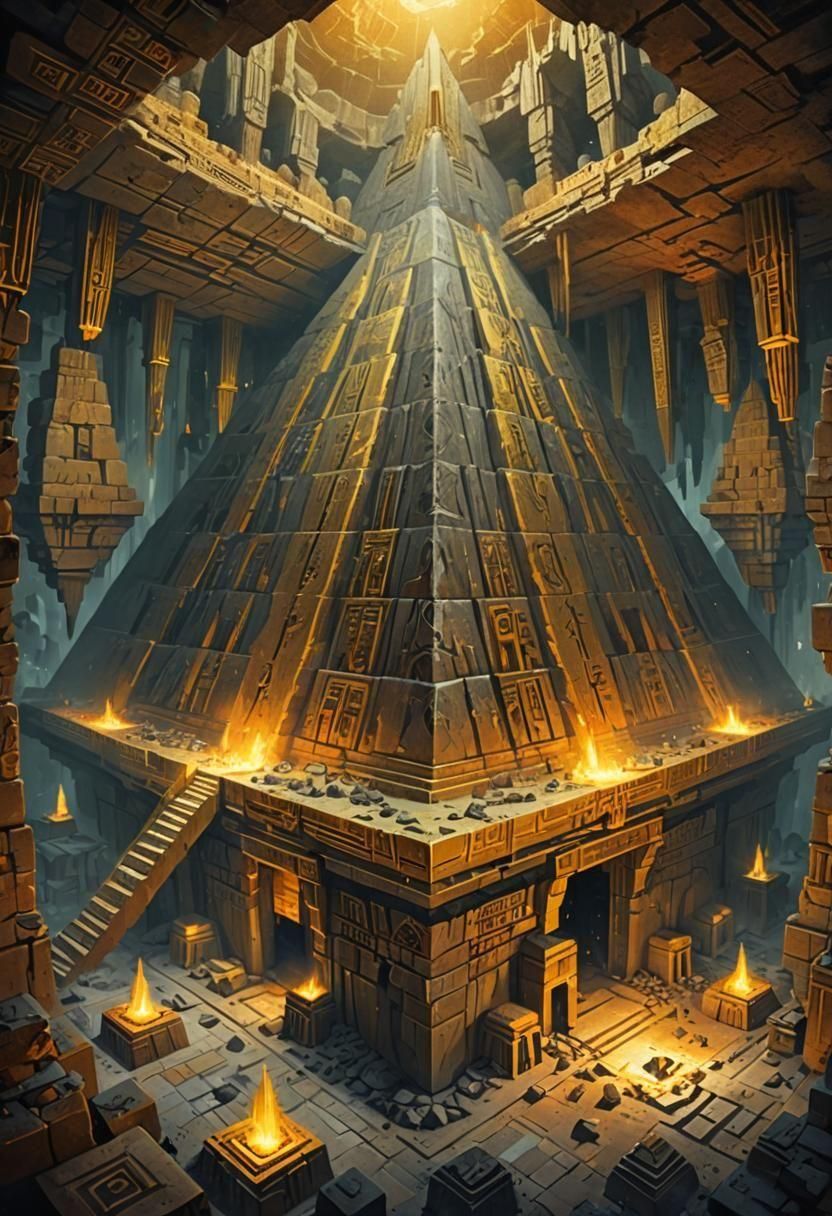 Art Deco Pyramid in Cave with Stalactites