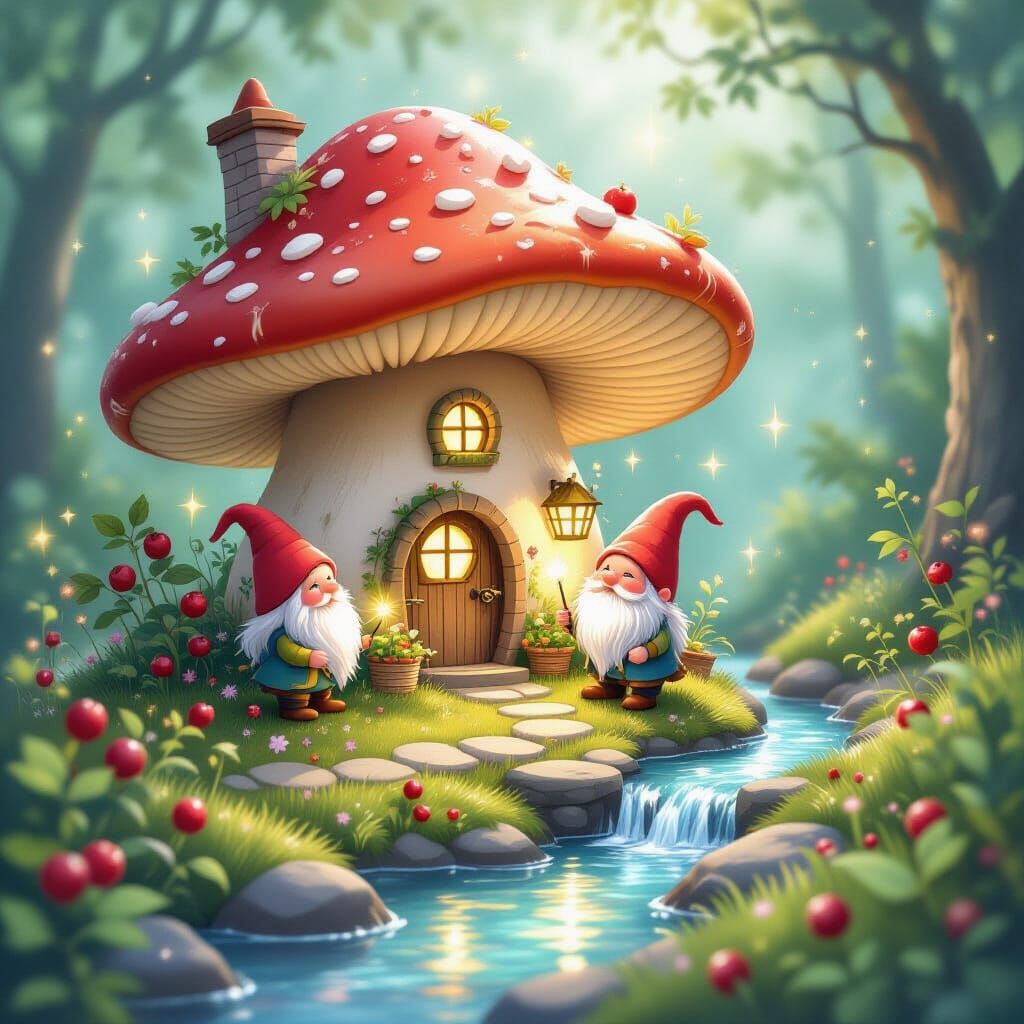 Gnome Village Inside Mushroom, Whimsical Watercolor Art