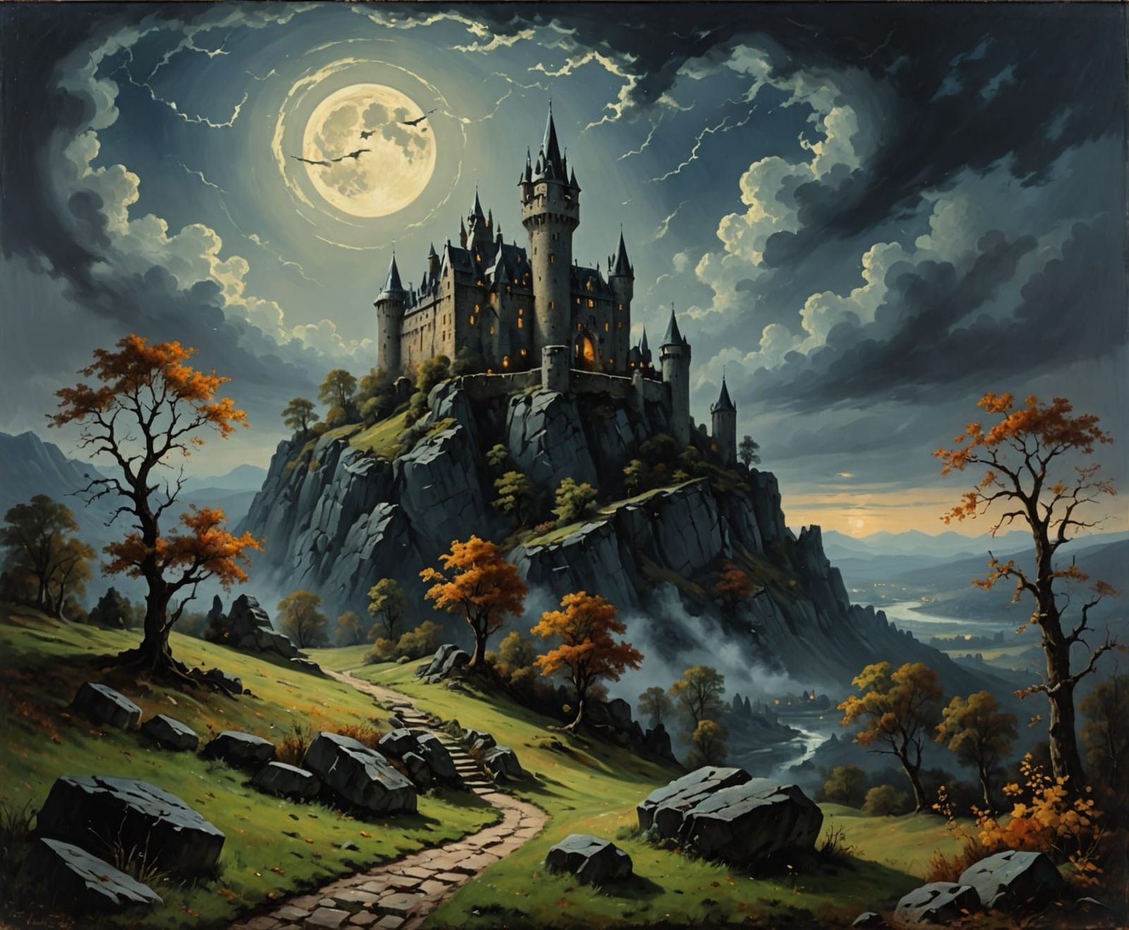 Majestic Spooky Castle Under Crescent Moon