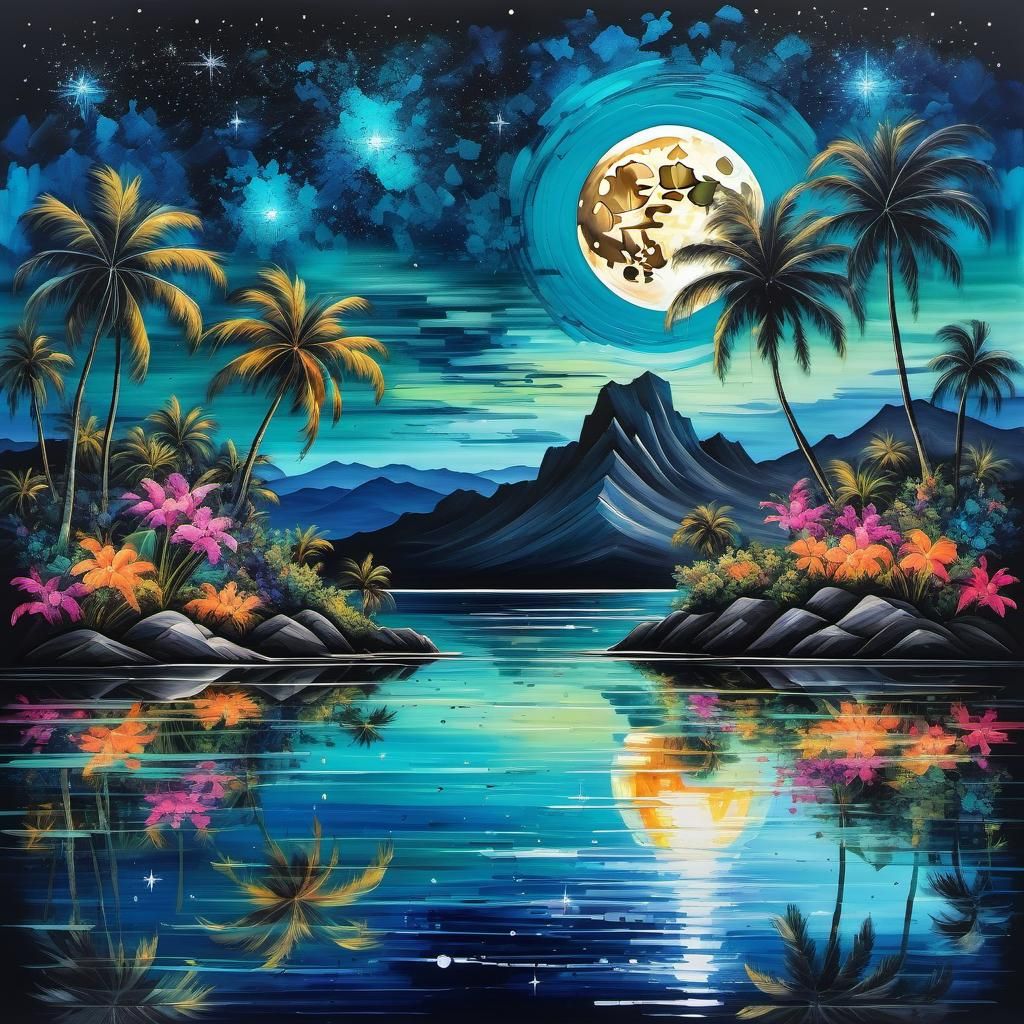 Lush Tropical Island Night in Detailed Ink Painting
