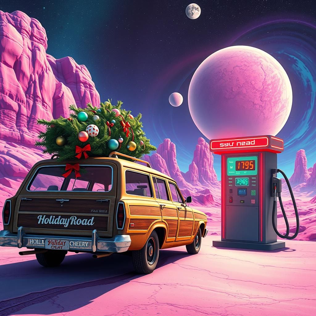 Retro Christmas Car Refuels at Sci-Fi Gas Station
