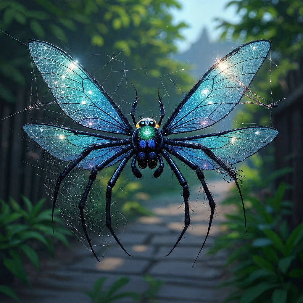 Flying Spider with Translucent Wings in Garden