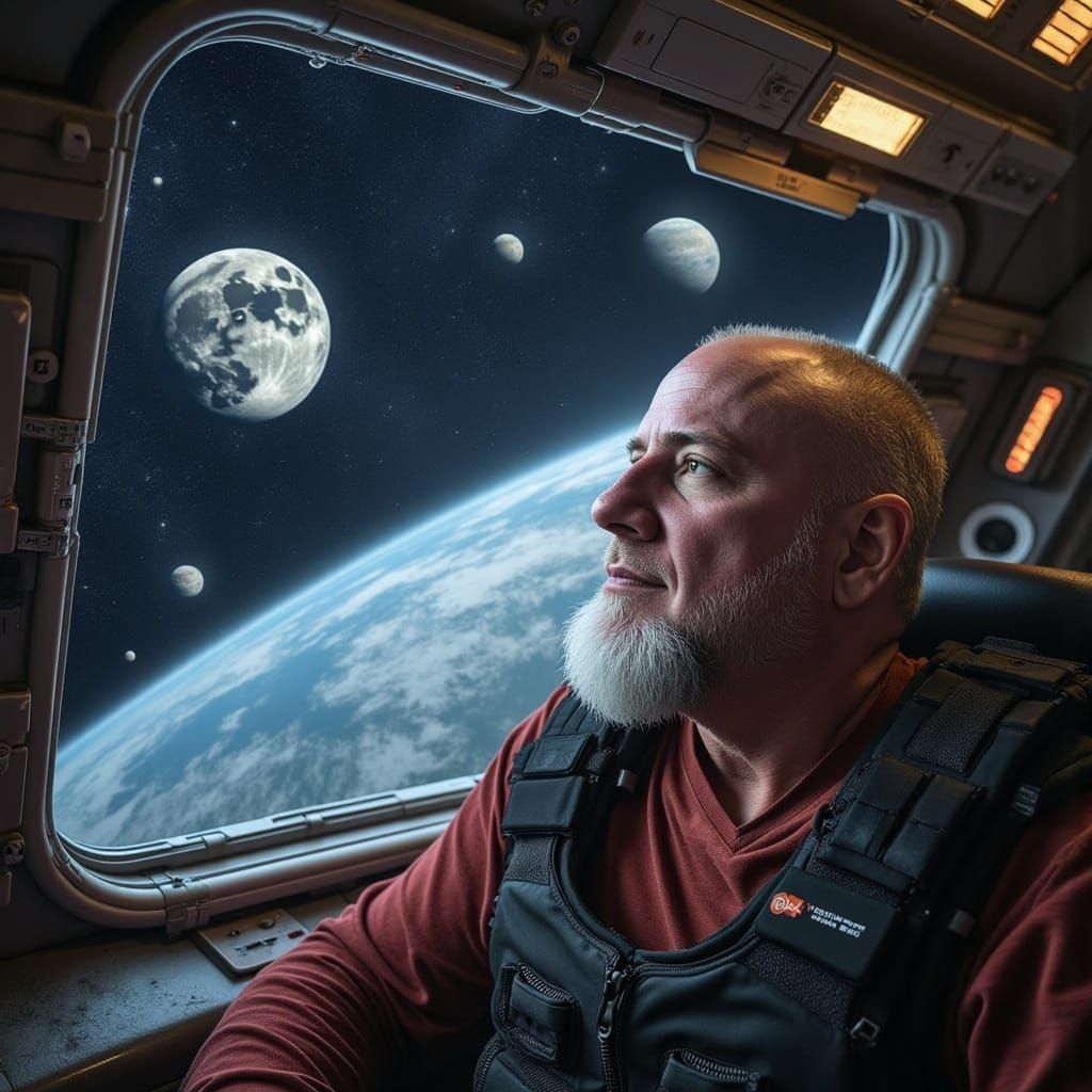 Contemplative Space Traveler Gazing at Celestial Bodies