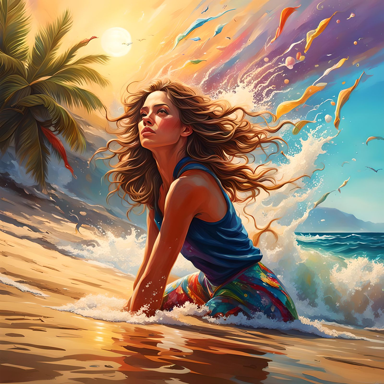 Hyperrealistic Beauty on a Colorful Beach