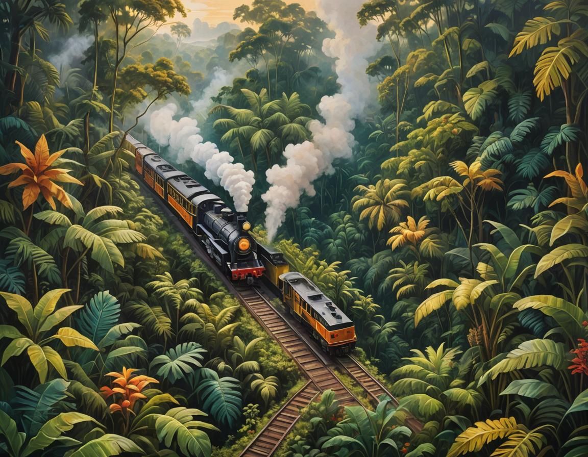 Jungle Train in Vibrant Oil Painting