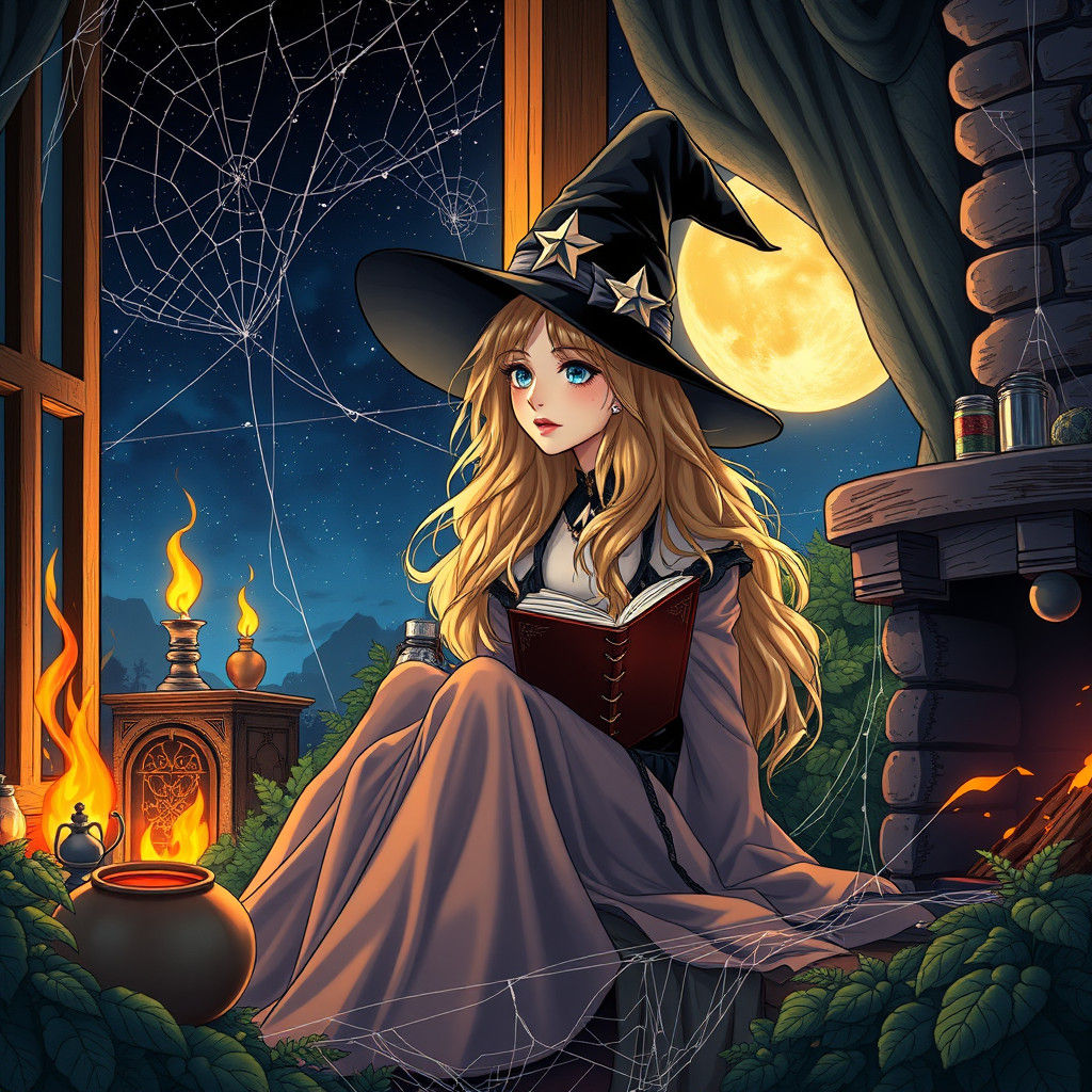 Blonde Witch in Starry Night: Graphic Illustration