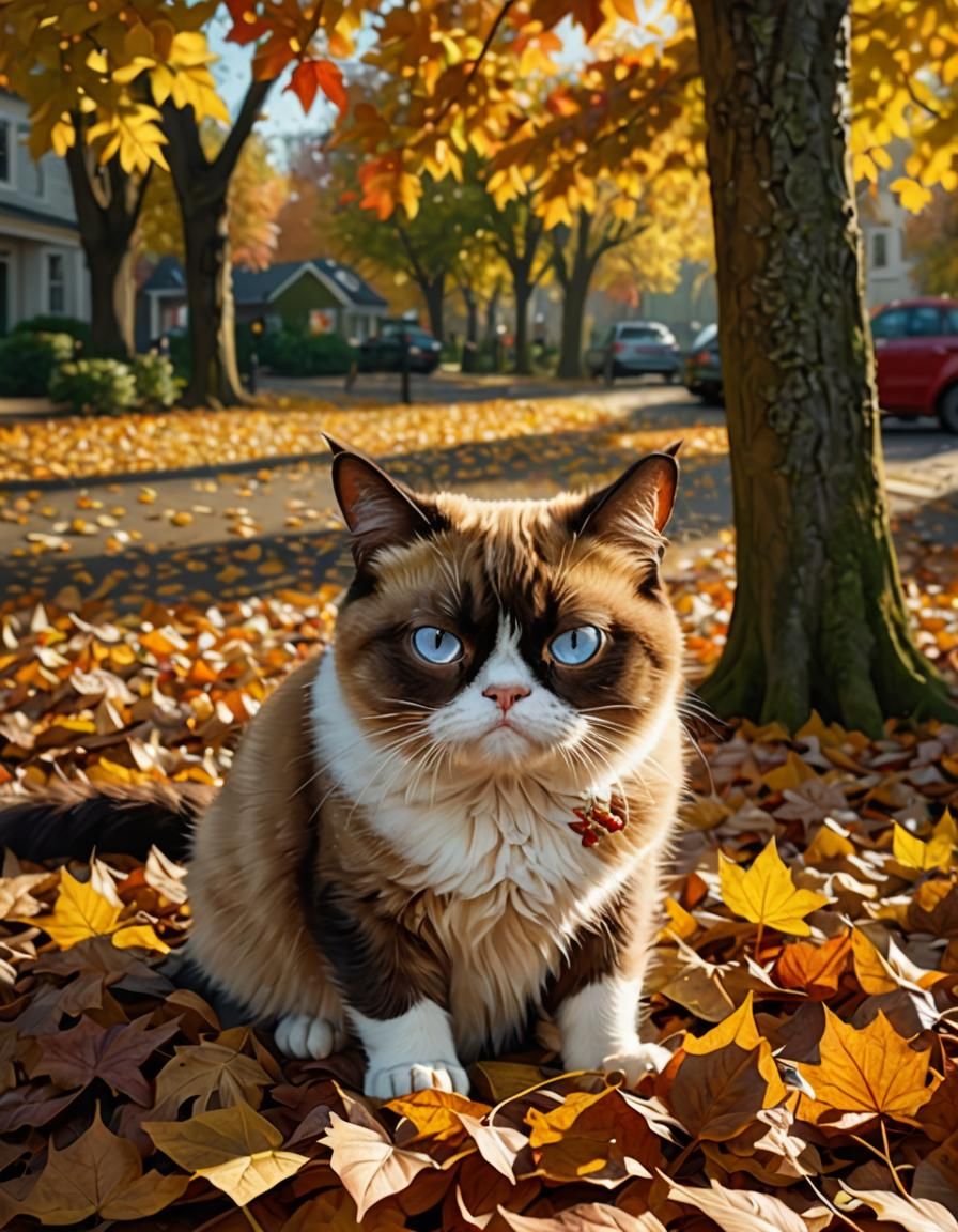 Hyperrealistic Grumpy Cat in Autumn Sunlight