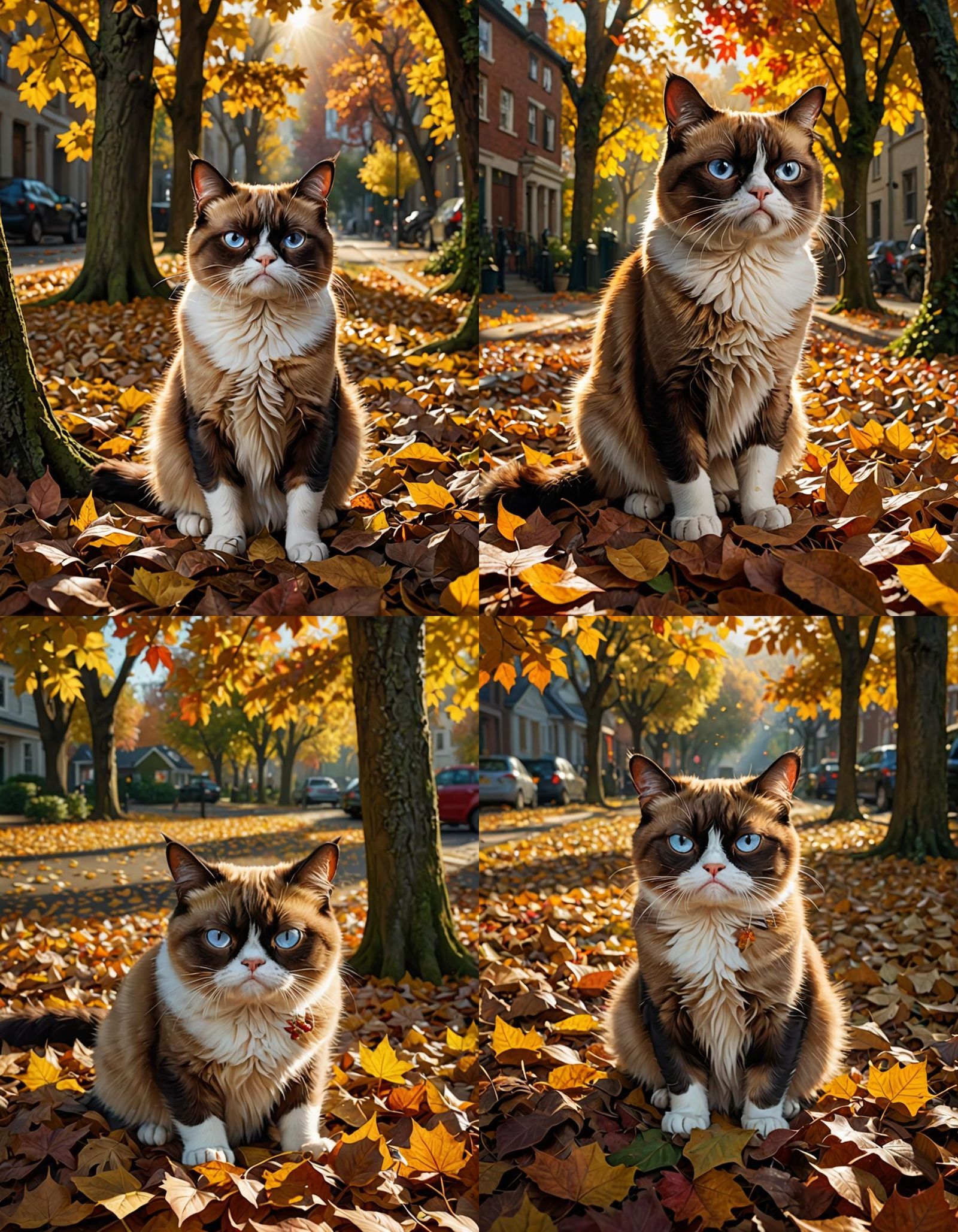 Hyperrealistic Grumpy Cat in Autumn Sunlight