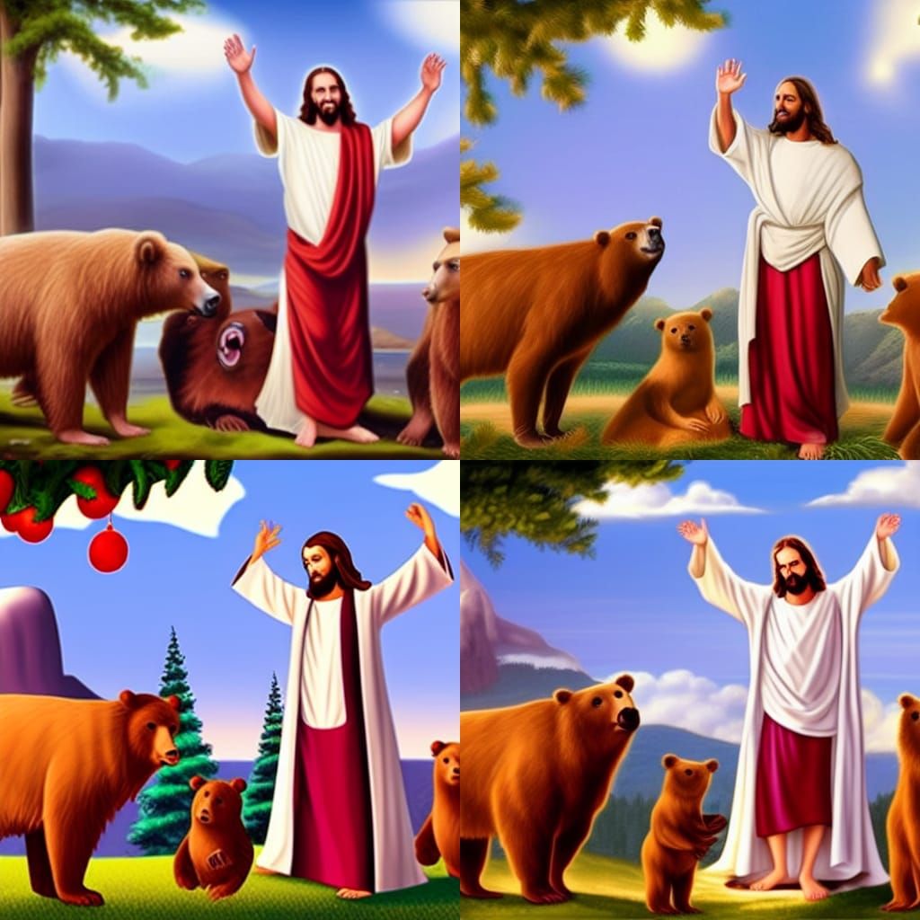 Jesus Christ with Brown Bears in Holy Scene