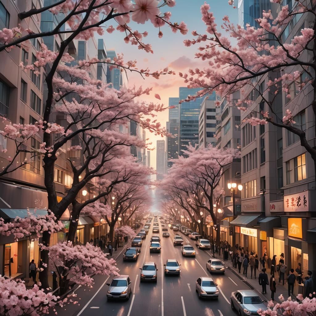 Urban Cherry Blossoms in Surreal Digital Painting
