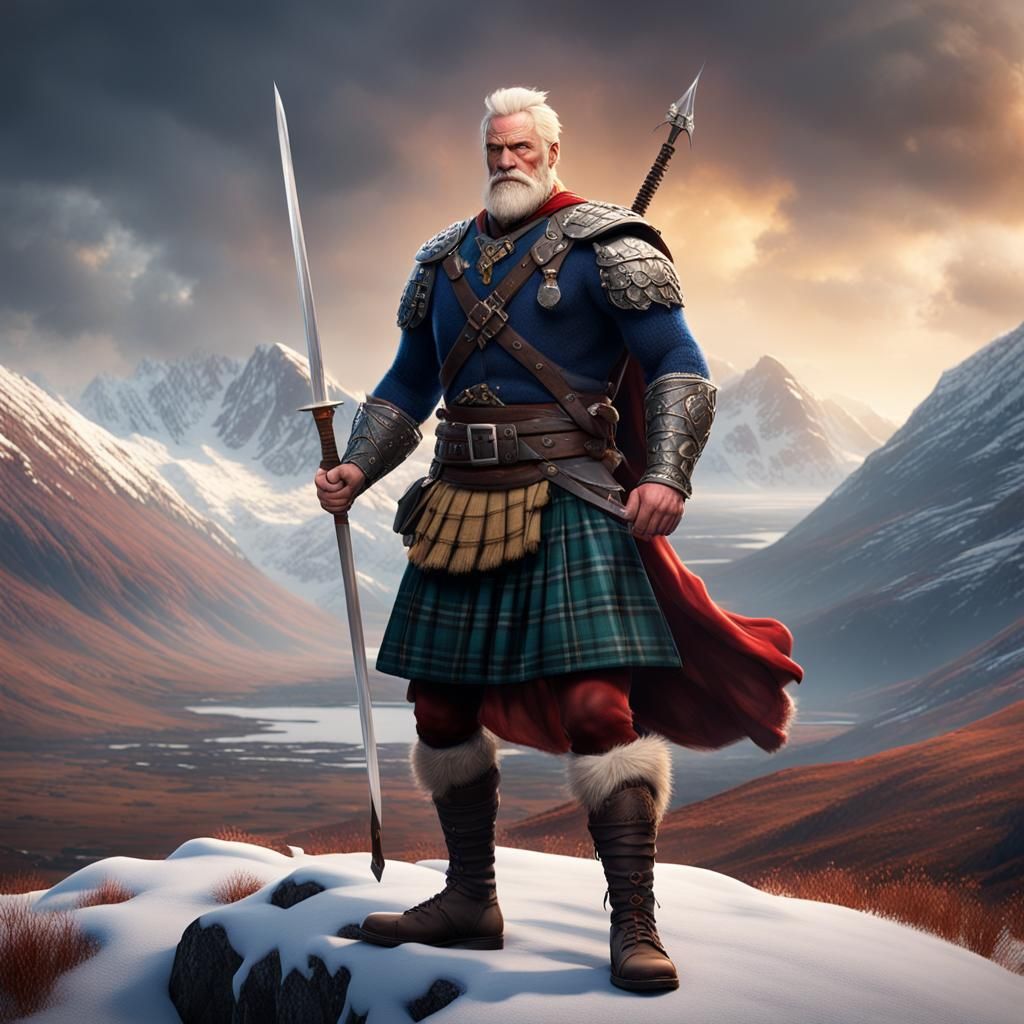 Highlander in Kilt with Snowy Mountain Backdrop
