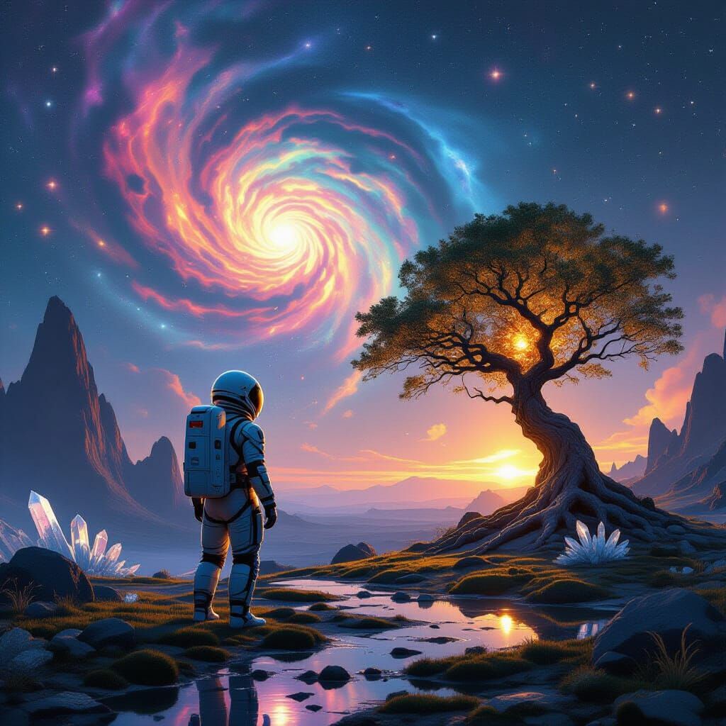 Astronaut Meets Glowing Alien Tree Under Nebula Sky
