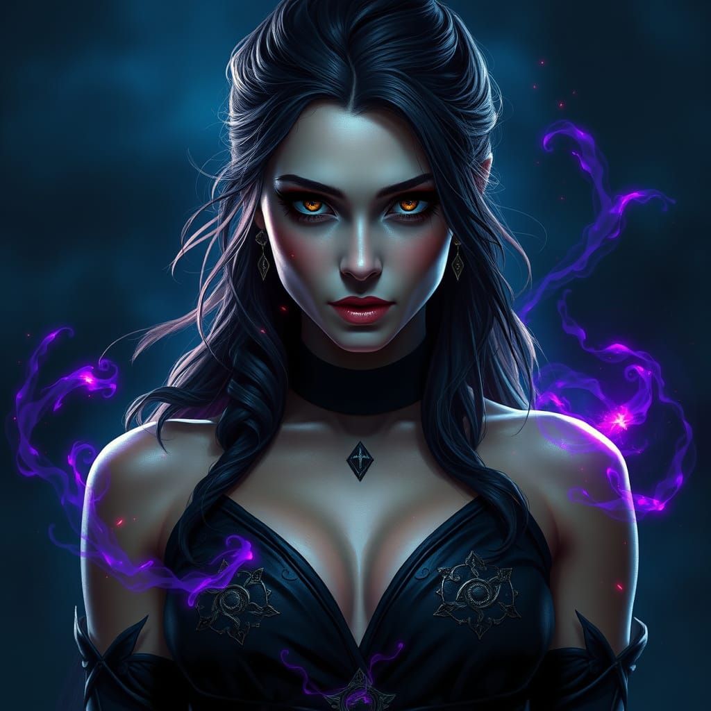 Dark Fantasy Yennefer in Black Dress with Purple Magic