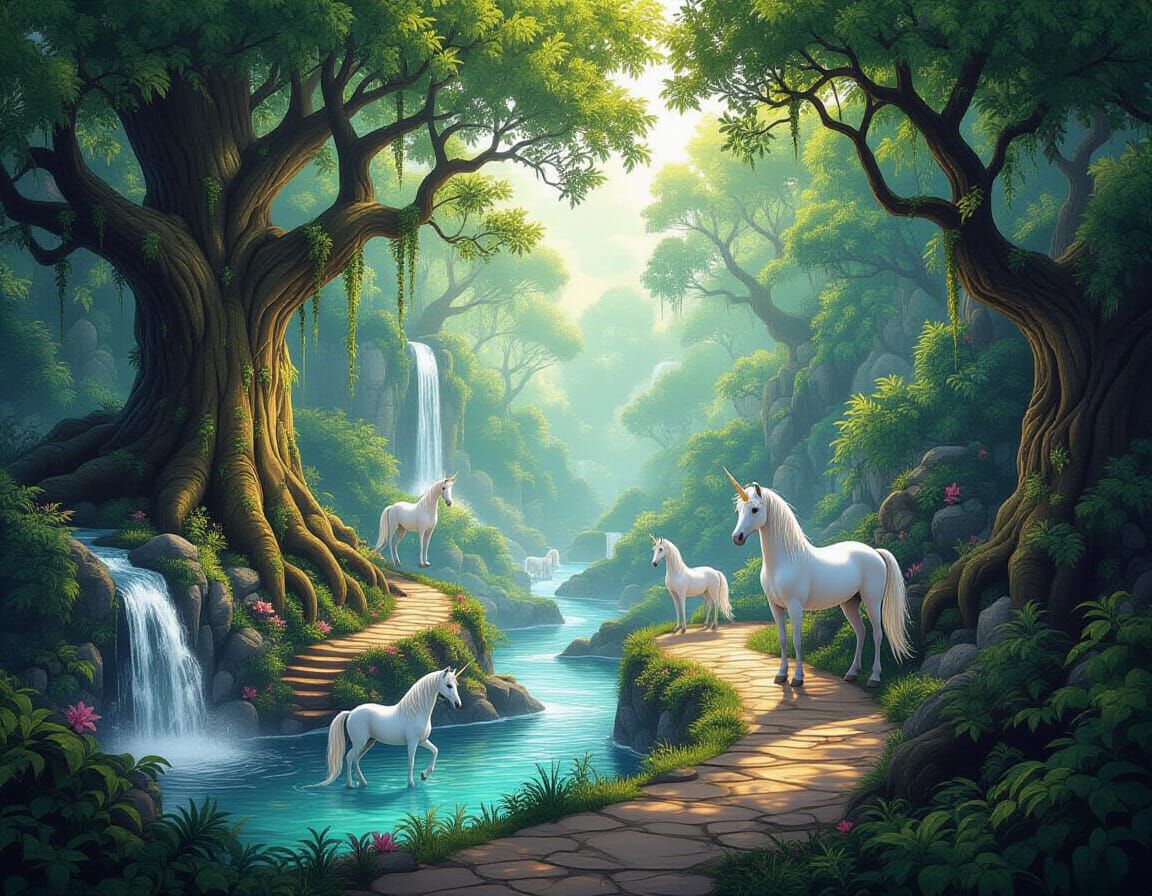 Enchanted Forest Panorama with Unicorns and Pegasus