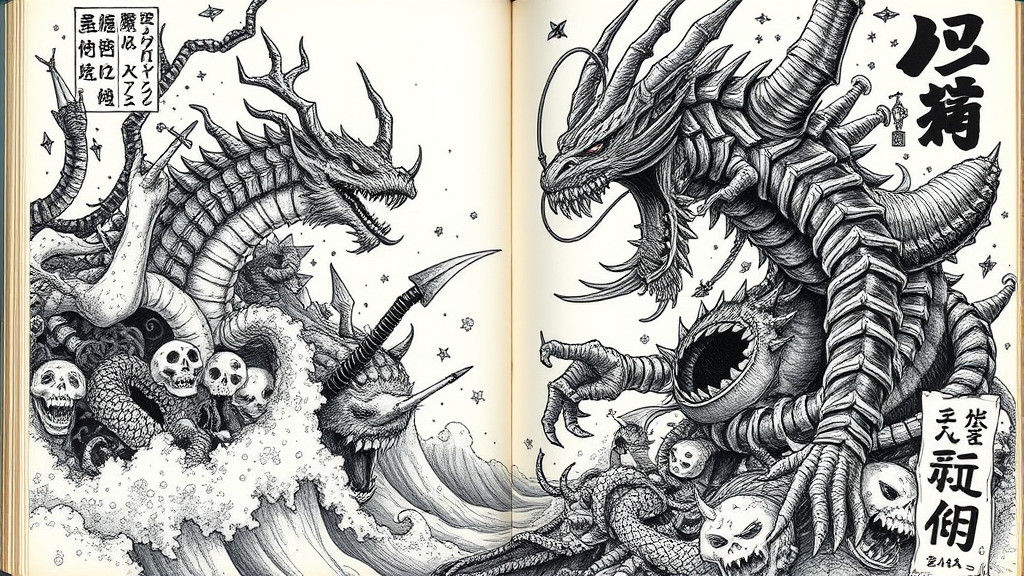 Japanese Monsters and Calligraphy Ink Illustration