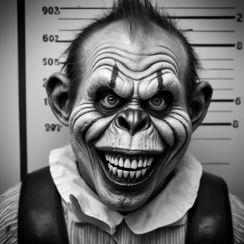 Zombie Monkey Clown Maniacal Mugshot in Hyperrealistic Style