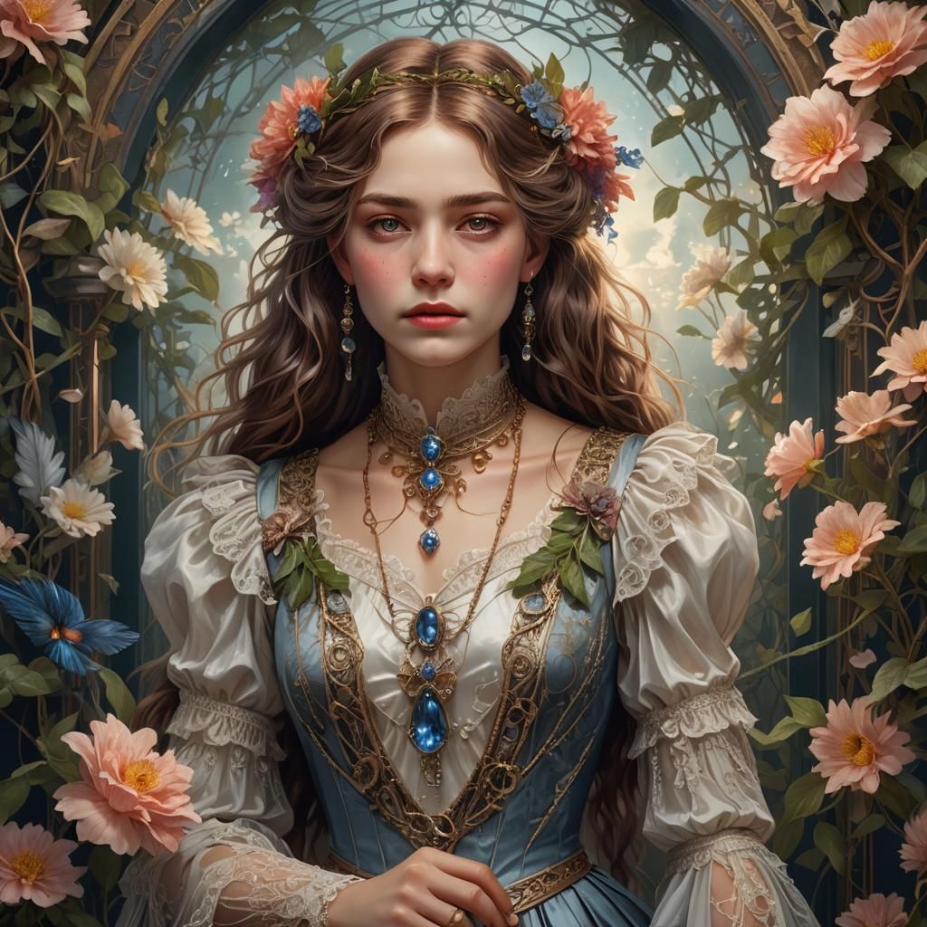 Victorian Woman Breaks Chains in Art Nouveau Style