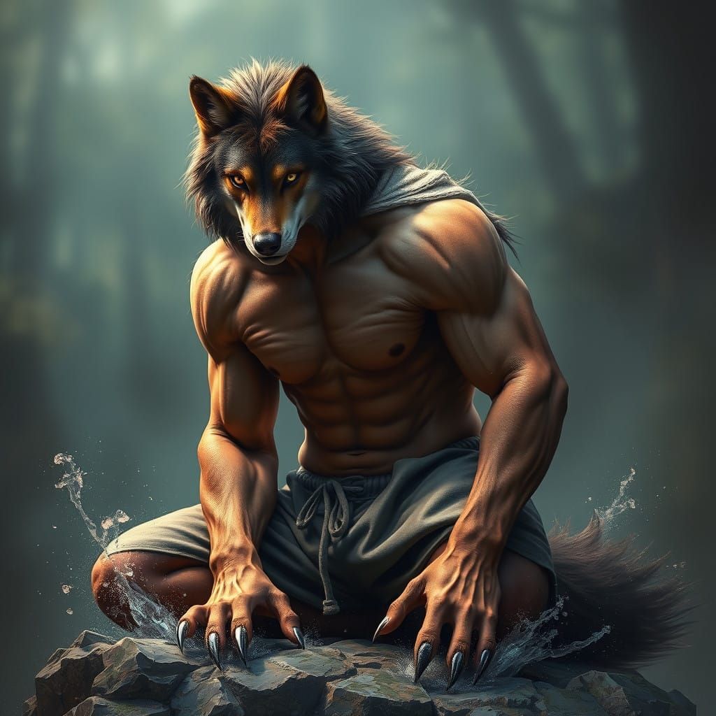 Surreal Wolf Partially Shifted with Golden Eyes, Intricate F...