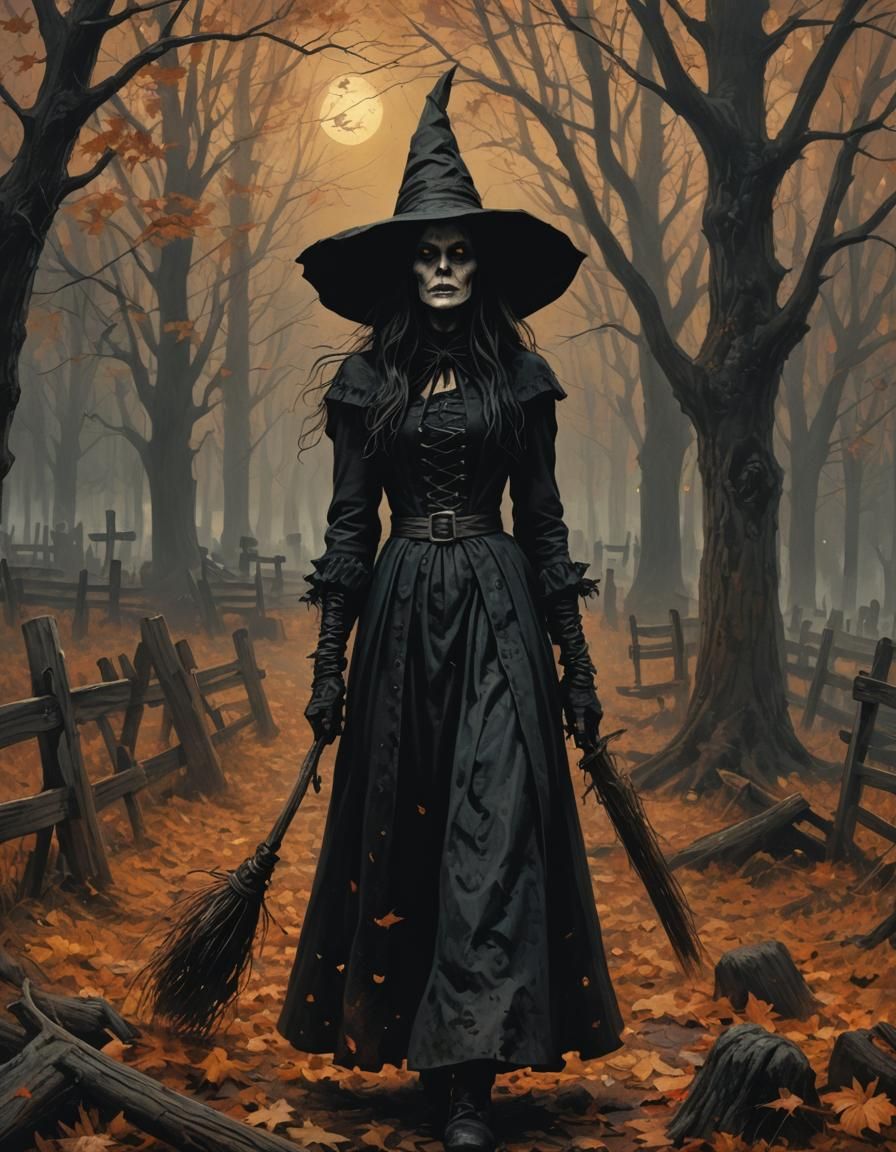 Sinister Salem Witch in Dark Folk-Horror Style
