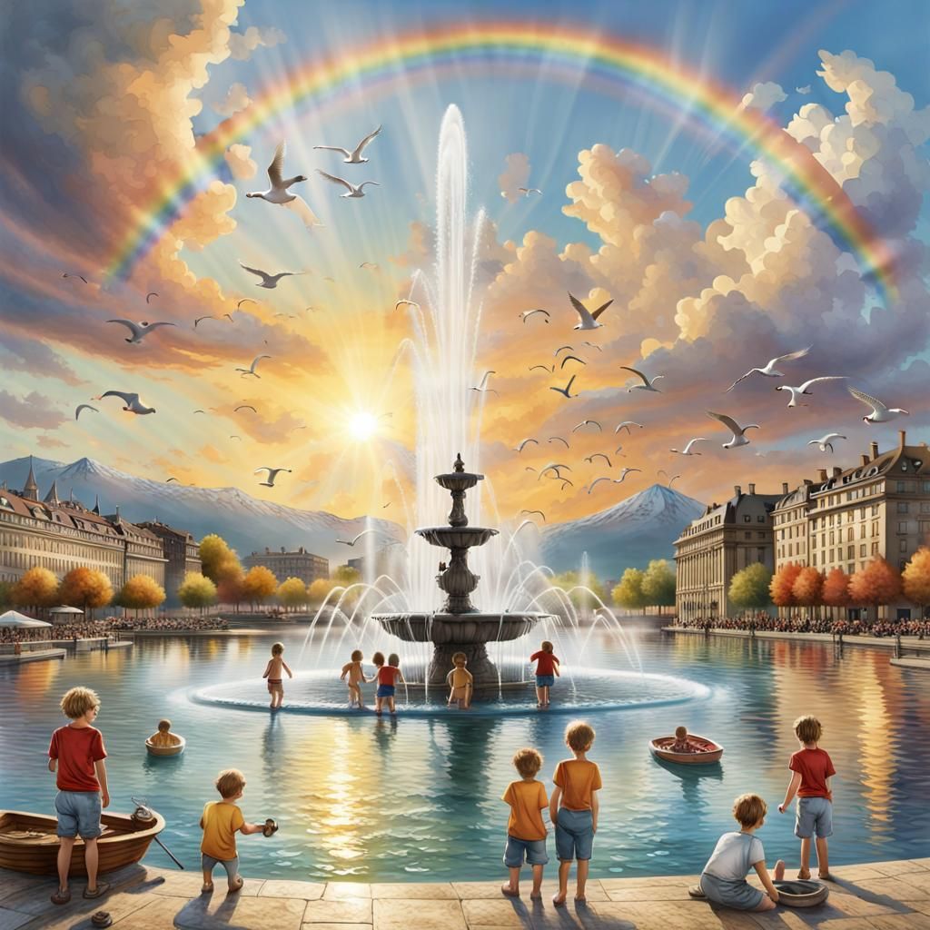 Geneva Fountain at Sunset in Rainbow Colors