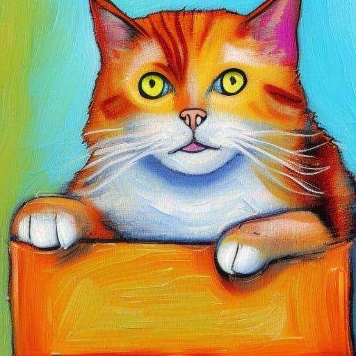 Happy Cat in Box: Neo-Impressionist Oil Painting