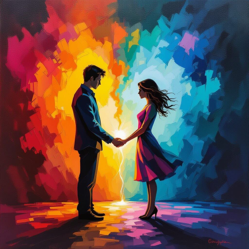 Expressionist Figures in Storm of Color with Shadow Pinky Pr...