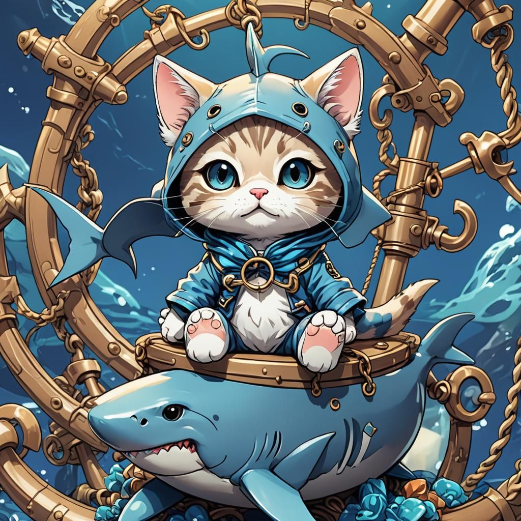 Chibi Anime Cat in Shark Outfit on Anchor