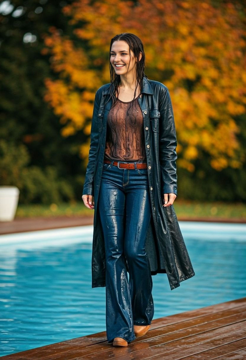 Woman Giggles by Pool in Wet Autumn Attire