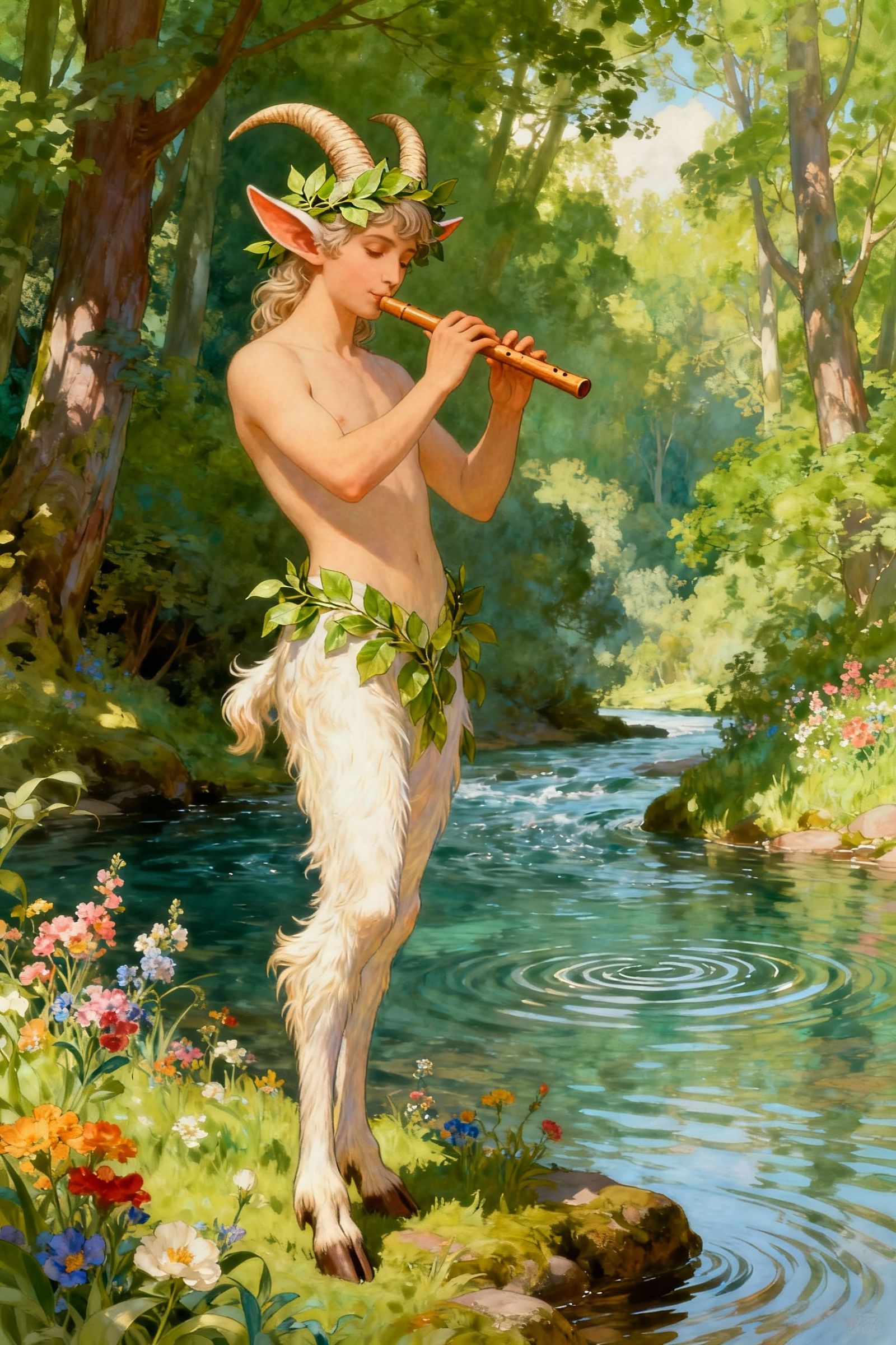 Mythological Pan Playing Flute in Art Nouveau Style