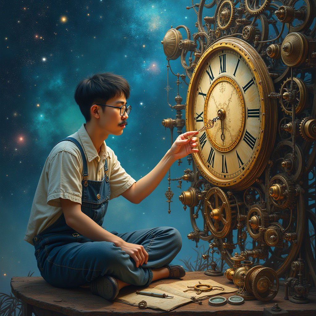 Asian Man Fixing Time in Clockwork Universe