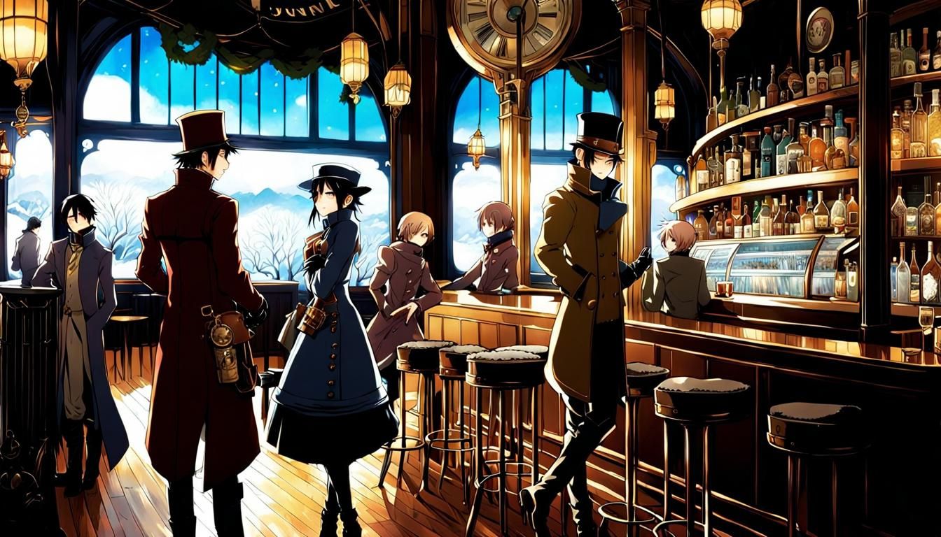 Steampunk Bar Scene in Anime Art Nouveau Style