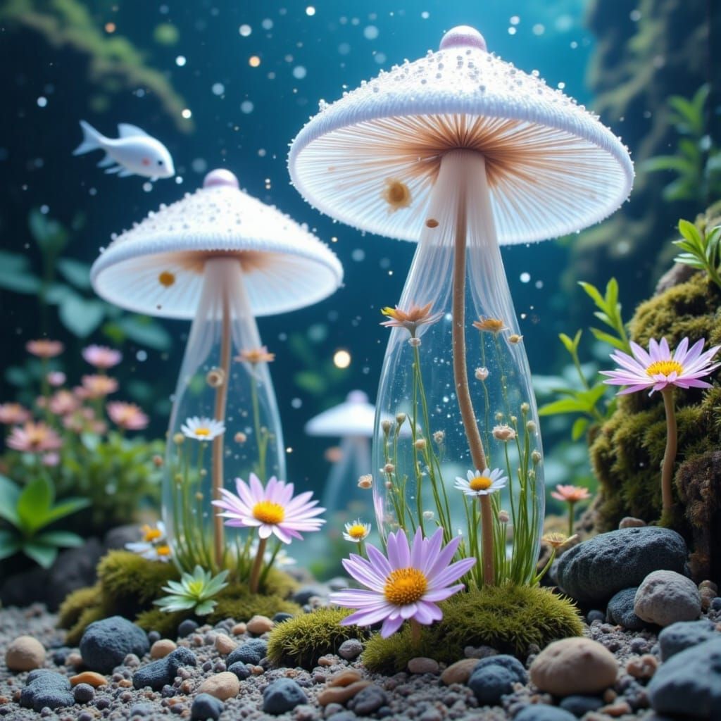 Underwater Crystal Toadstool Houses in a Whimsical Style