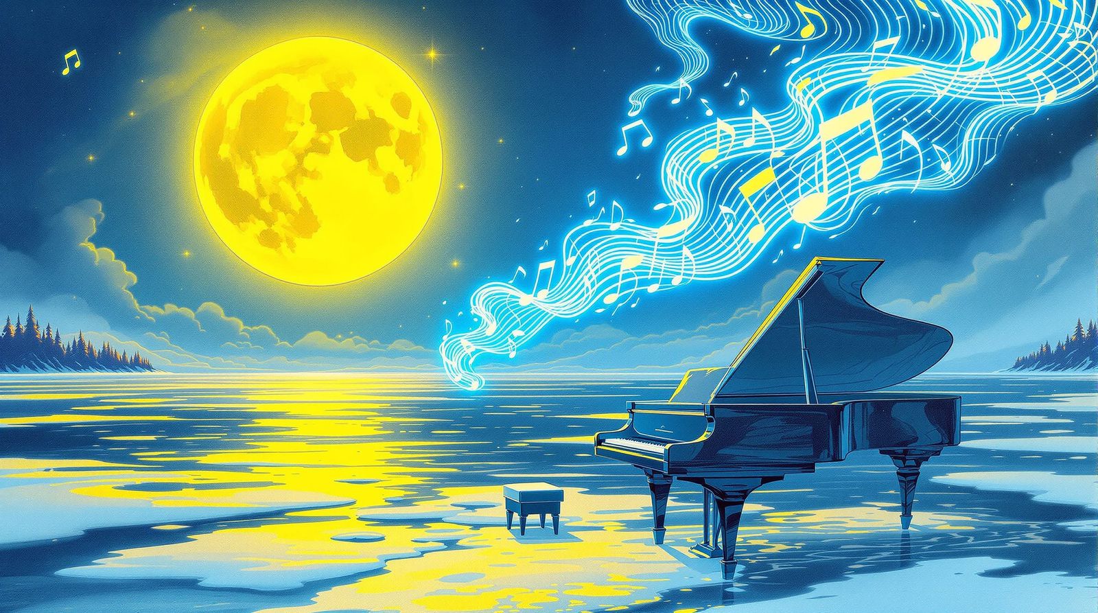Spectral Hands Play Piano on Frozen Lake Under Yellow Moon