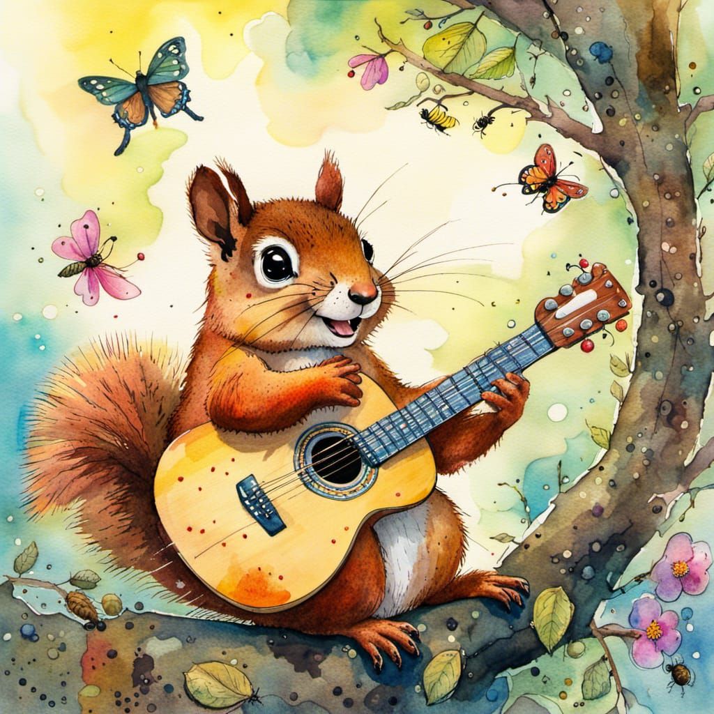 Squirrel Concert: Whimsical Watercolor Illustration