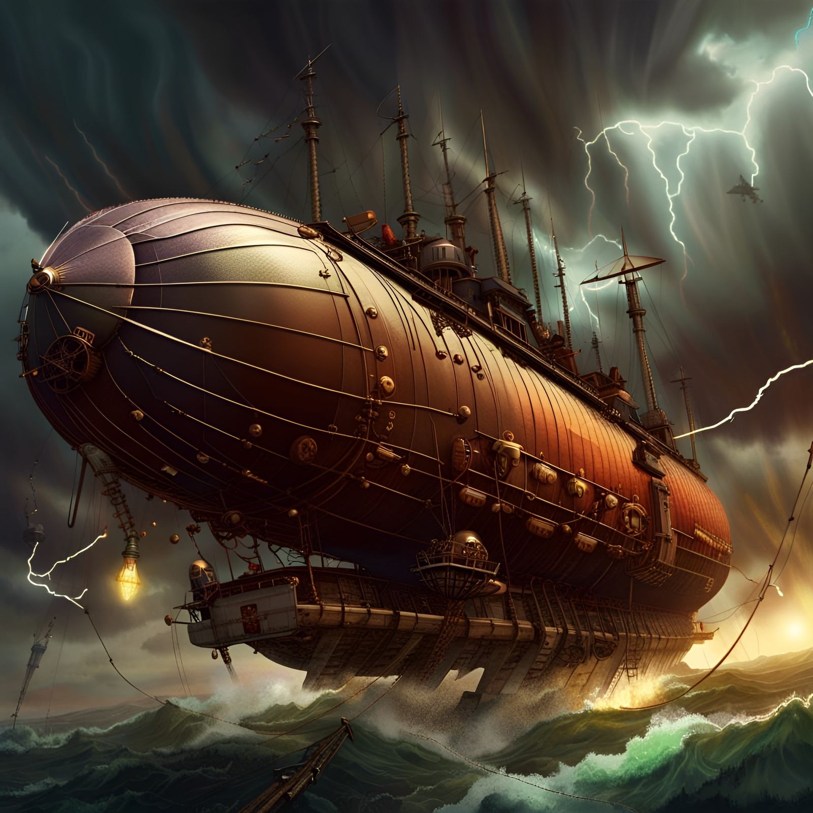 Steampunk Airship Battle Over Stormy Skies