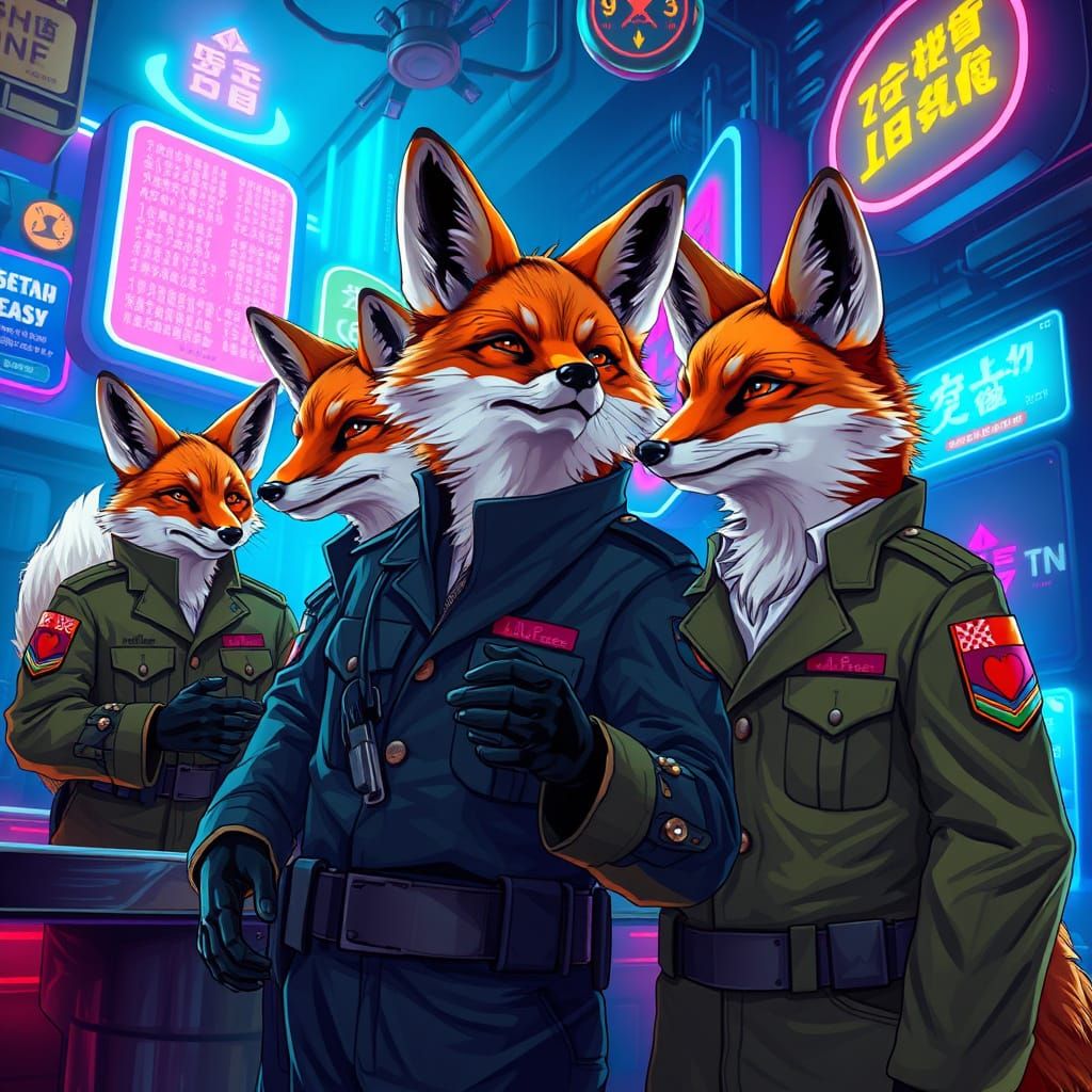 Futuristic Fox Soldiers in Neon Bar